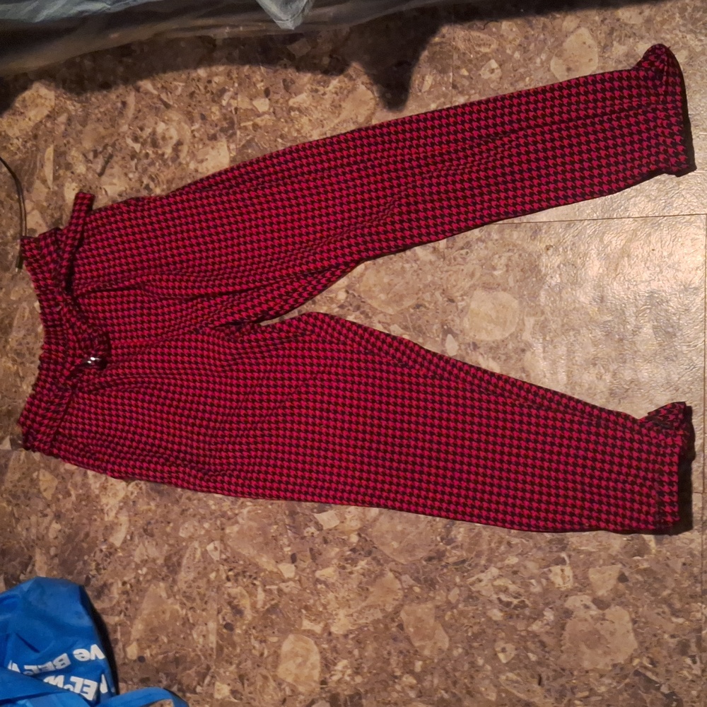 Red and black paperbag waisted pants with belt